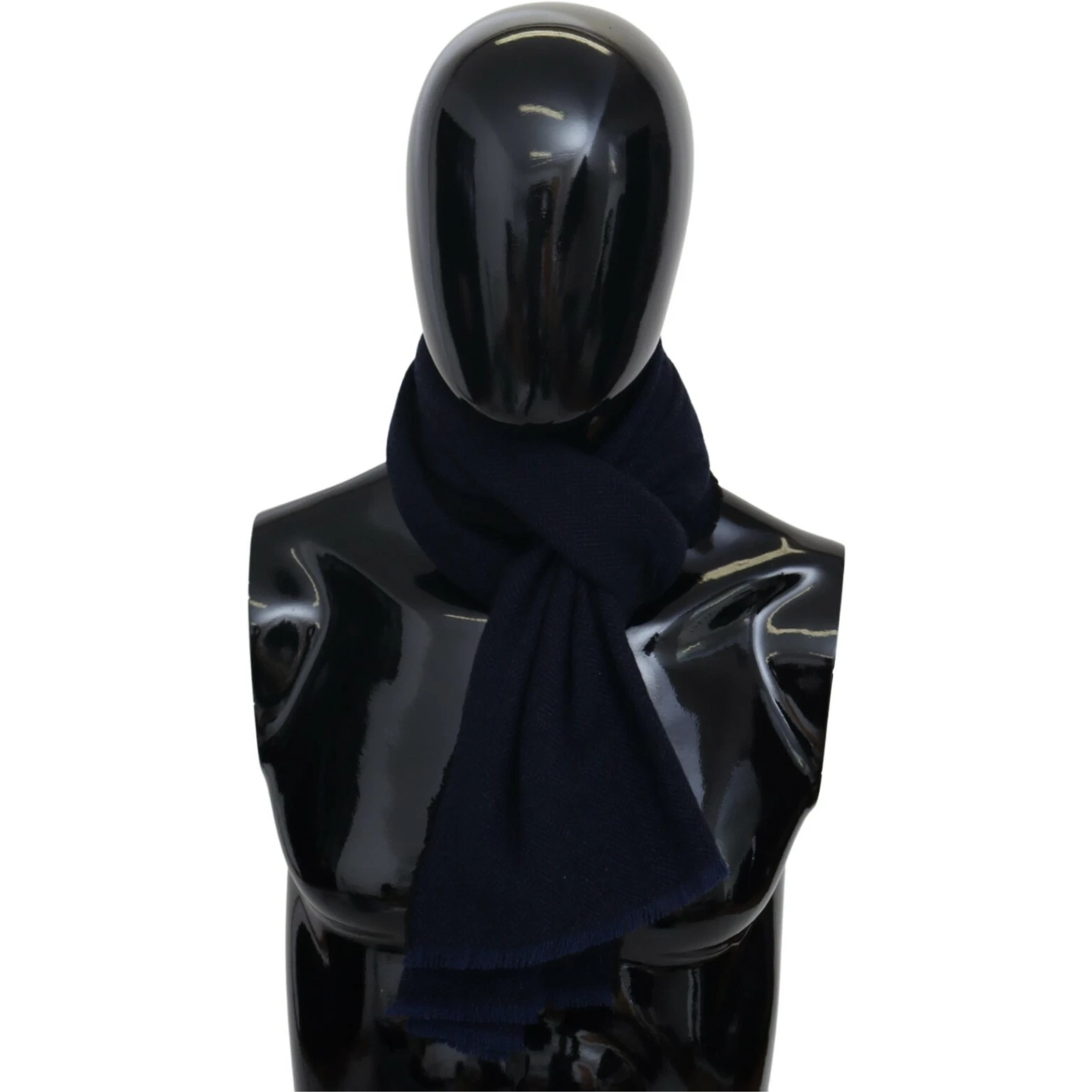 Dark Blue Wool Unisex Neck Wrap Fringes Logo Scarf