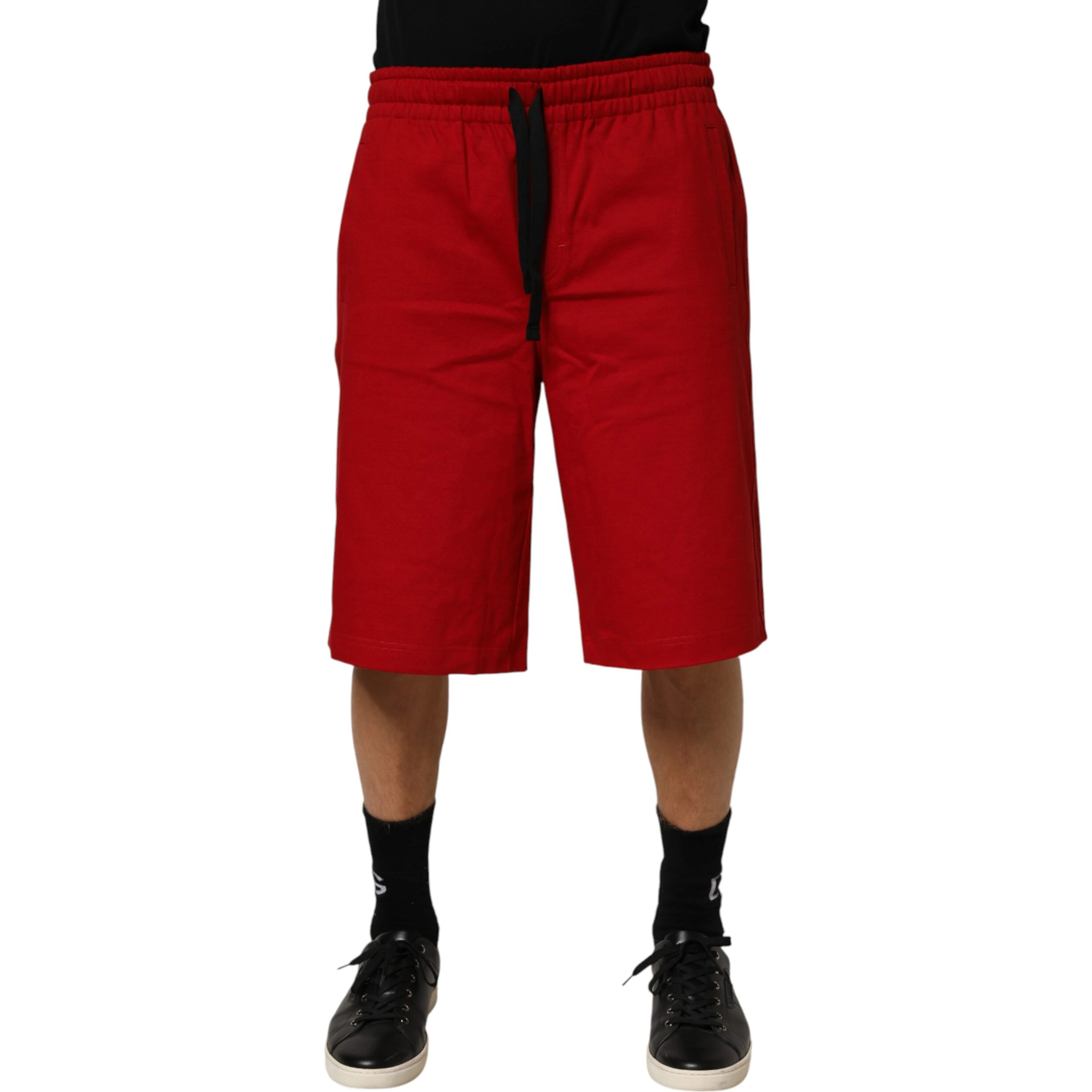 Red Cotton MidWaist Drawstring Bermuda Pants
