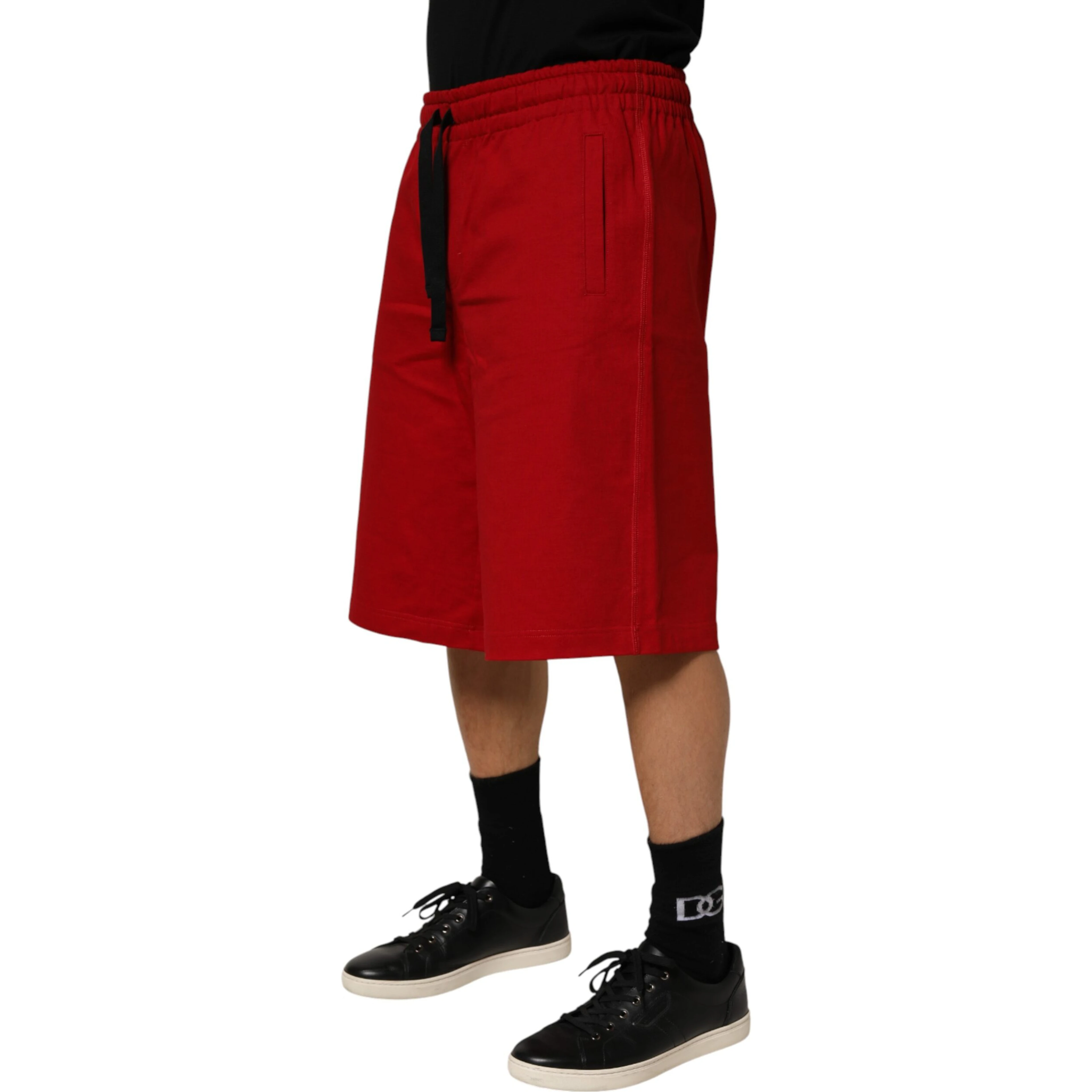 Red Cotton MidWaist Drawstring Bermuda Pants