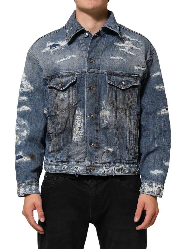 Blue Cotton Tattered Denim Blouson Jacket