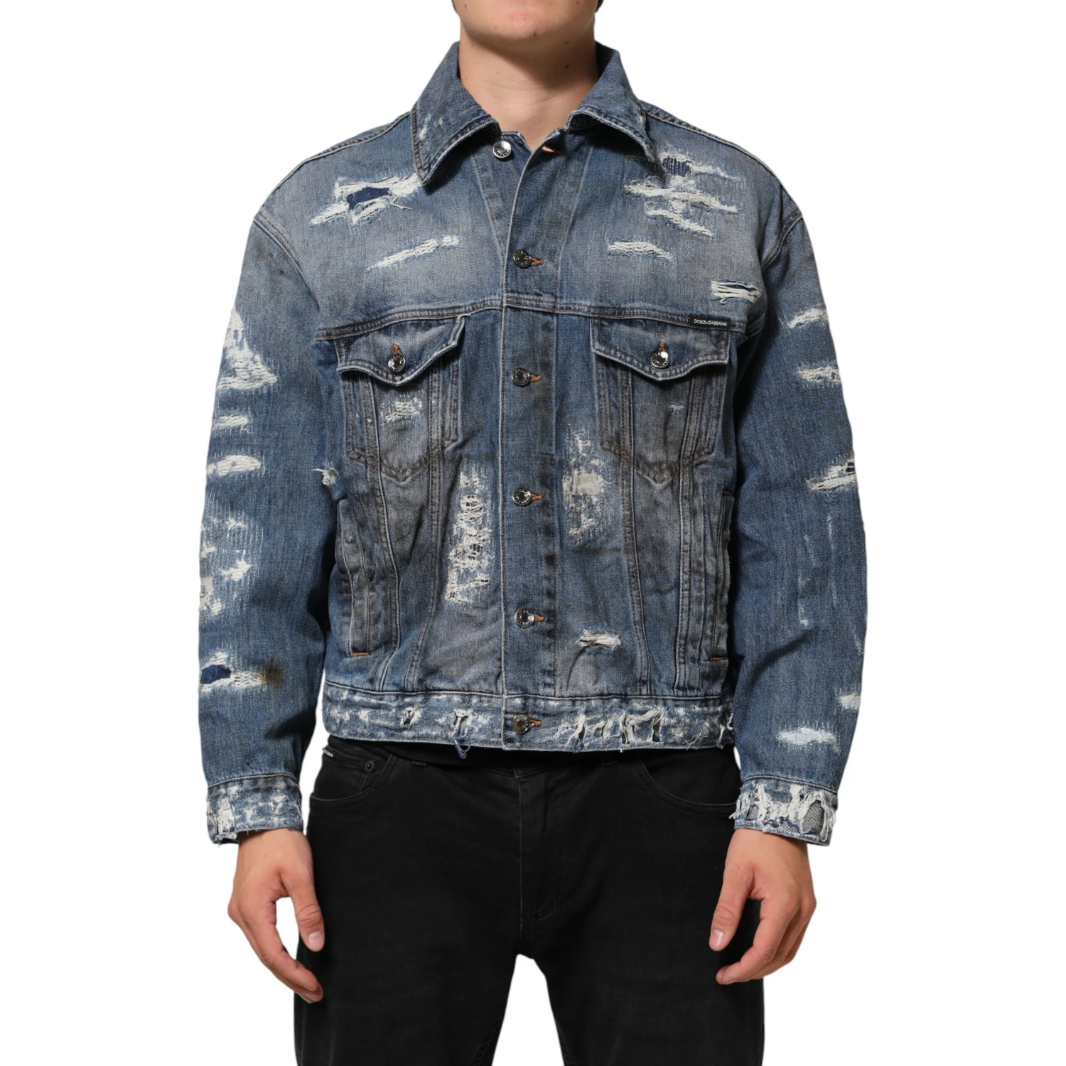 Blue Cotton Tattered Denim Blouson Jacket