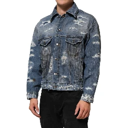 Blue Cotton Tattered Denim Blouson Jacket
