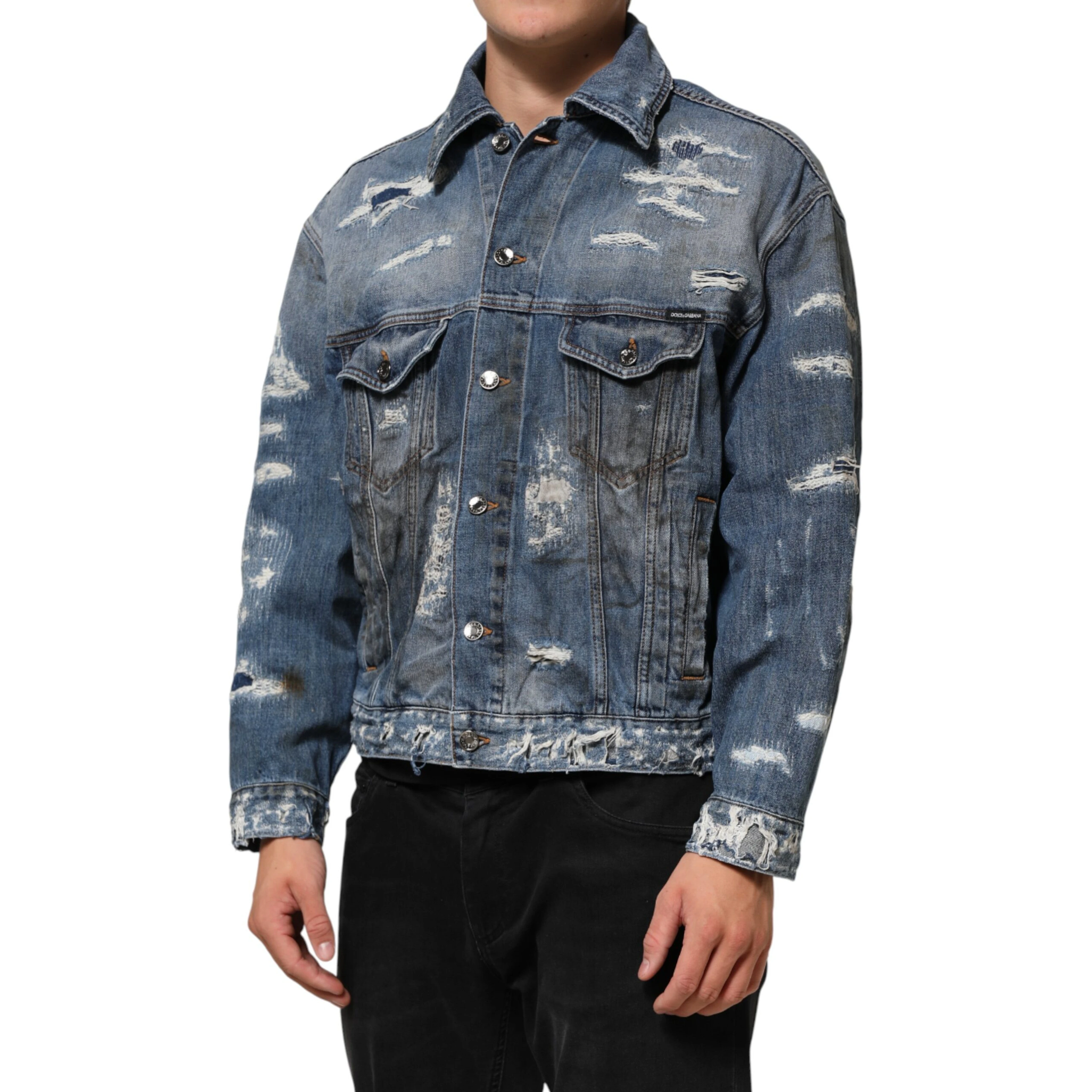 Blue Cotton Tattered Denim Blouson Jacket