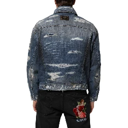 Blue Cotton Tattered Denim Blouson Jacket
