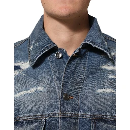 Blue Cotton Tattered Denim Blouson Jacket