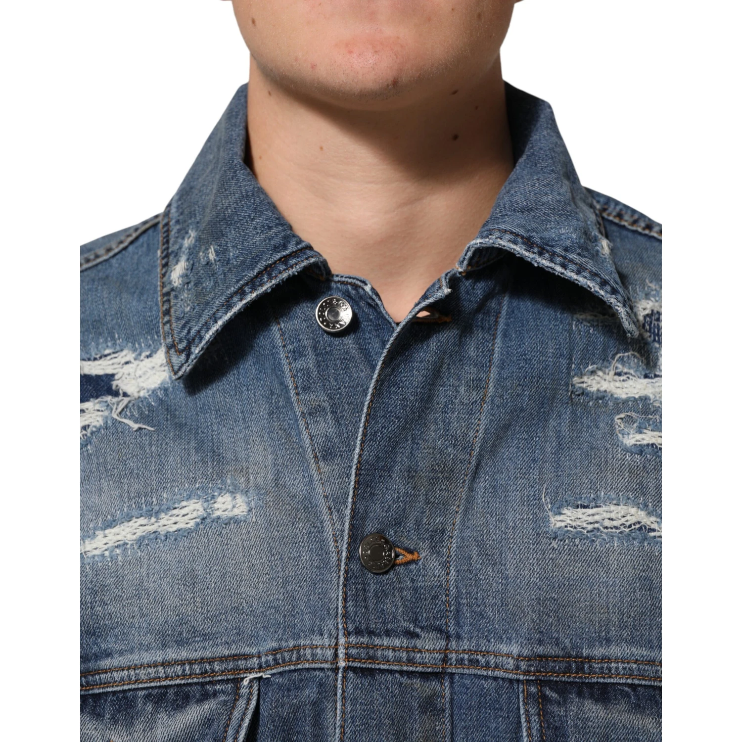 Blue Cotton Tattered Denim Blouson Jacket