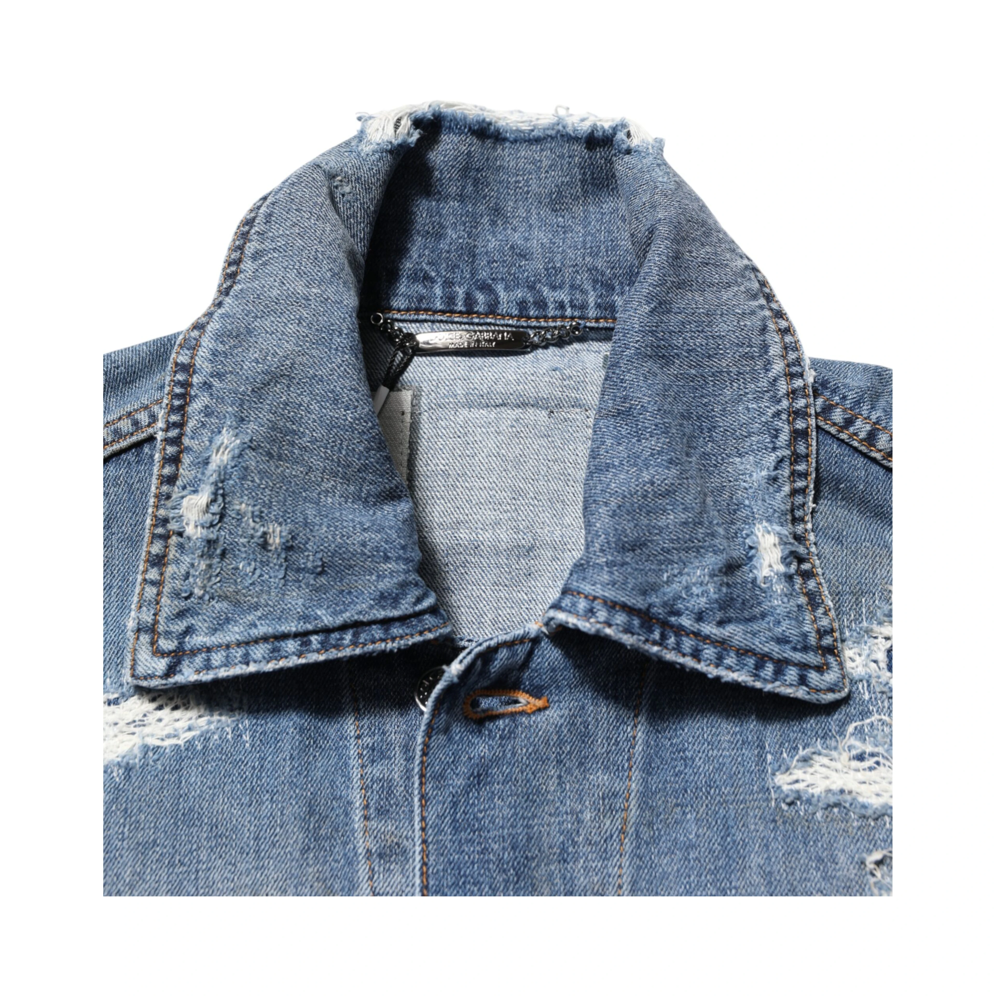 Blue Cotton Tattered Denim Blouson Jacket