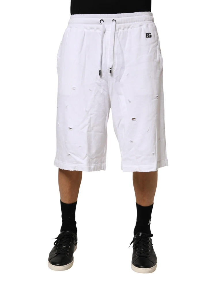 White Distressed Cotton Men Bermuda Shorts