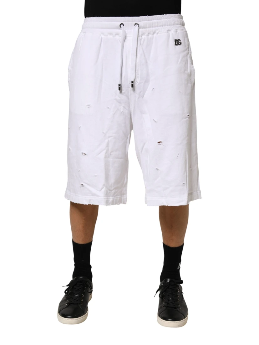 White Distressed Cotton Men Bermuda Shorts