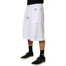 White Distressed Cotton Men Bermuda Shorts
