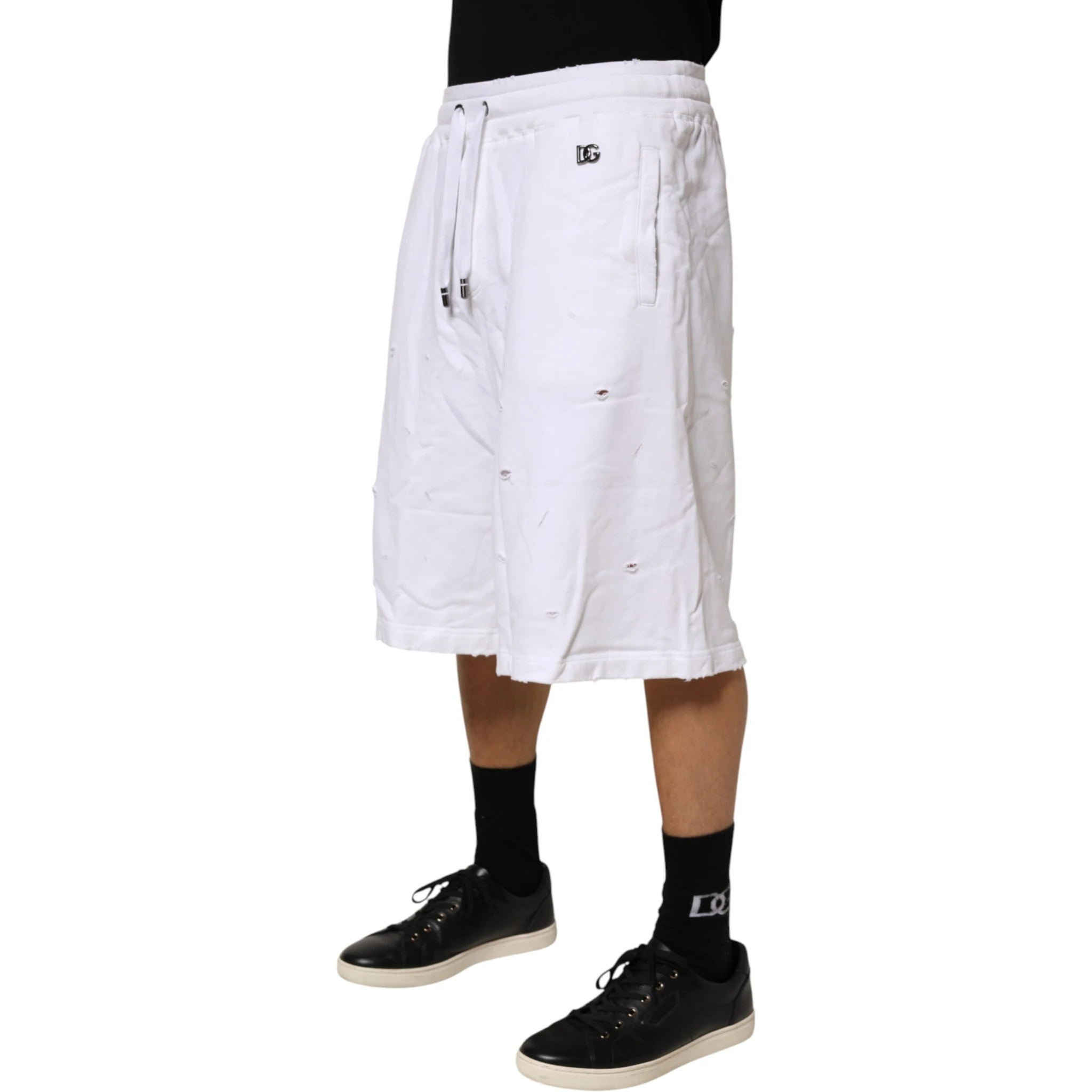 White Distressed Cotton Men Bermuda Shorts