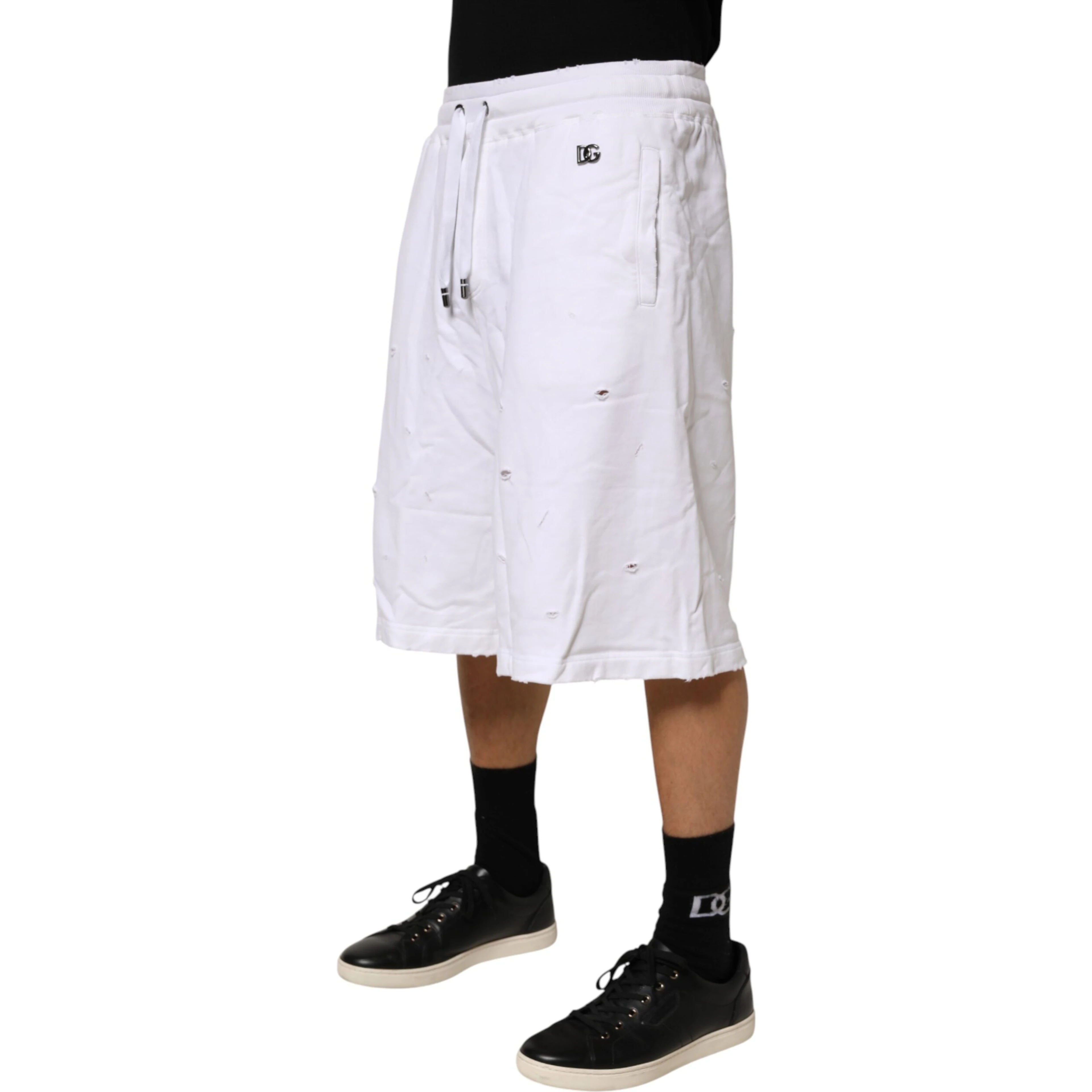 White Distressed Cotton Men Bermuda Shorts