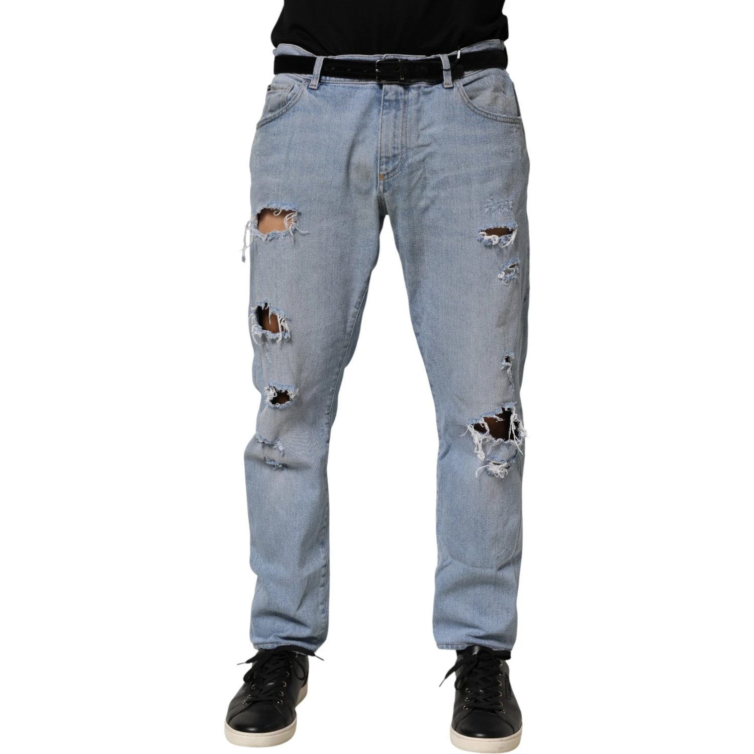 Blue Cotton Distressed Slim Fit Denim Jeans