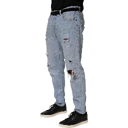 Blue Cotton Distressed Slim Fit Denim Jeans