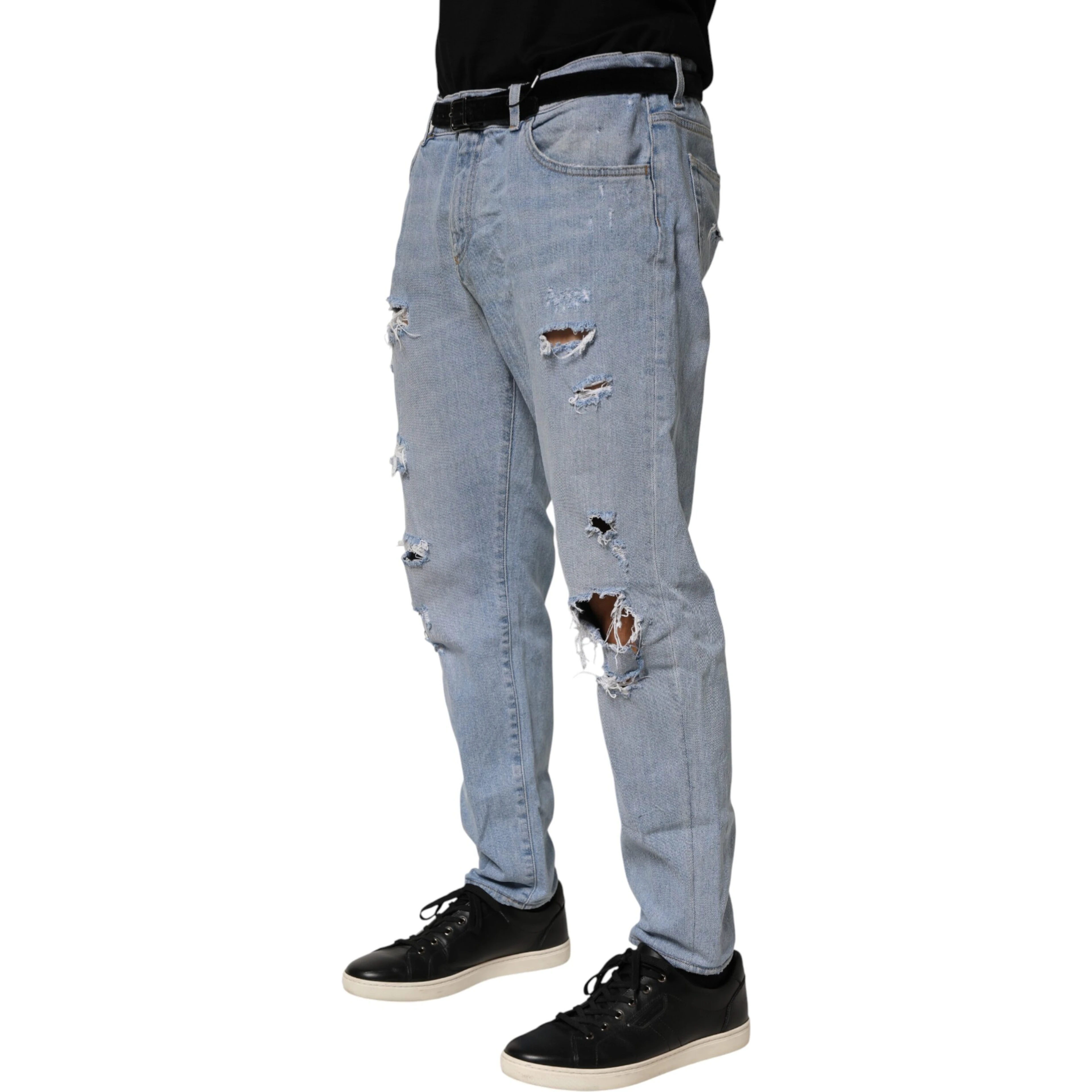 Blue Cotton Distressed Slim Fit Denim Jeans