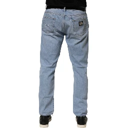 Blue Cotton Distressed Slim Fit Denim Jeans