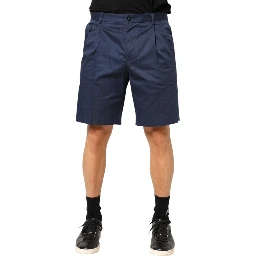 Blue Cotton Stretch Mid Waist Bermuda Shorts