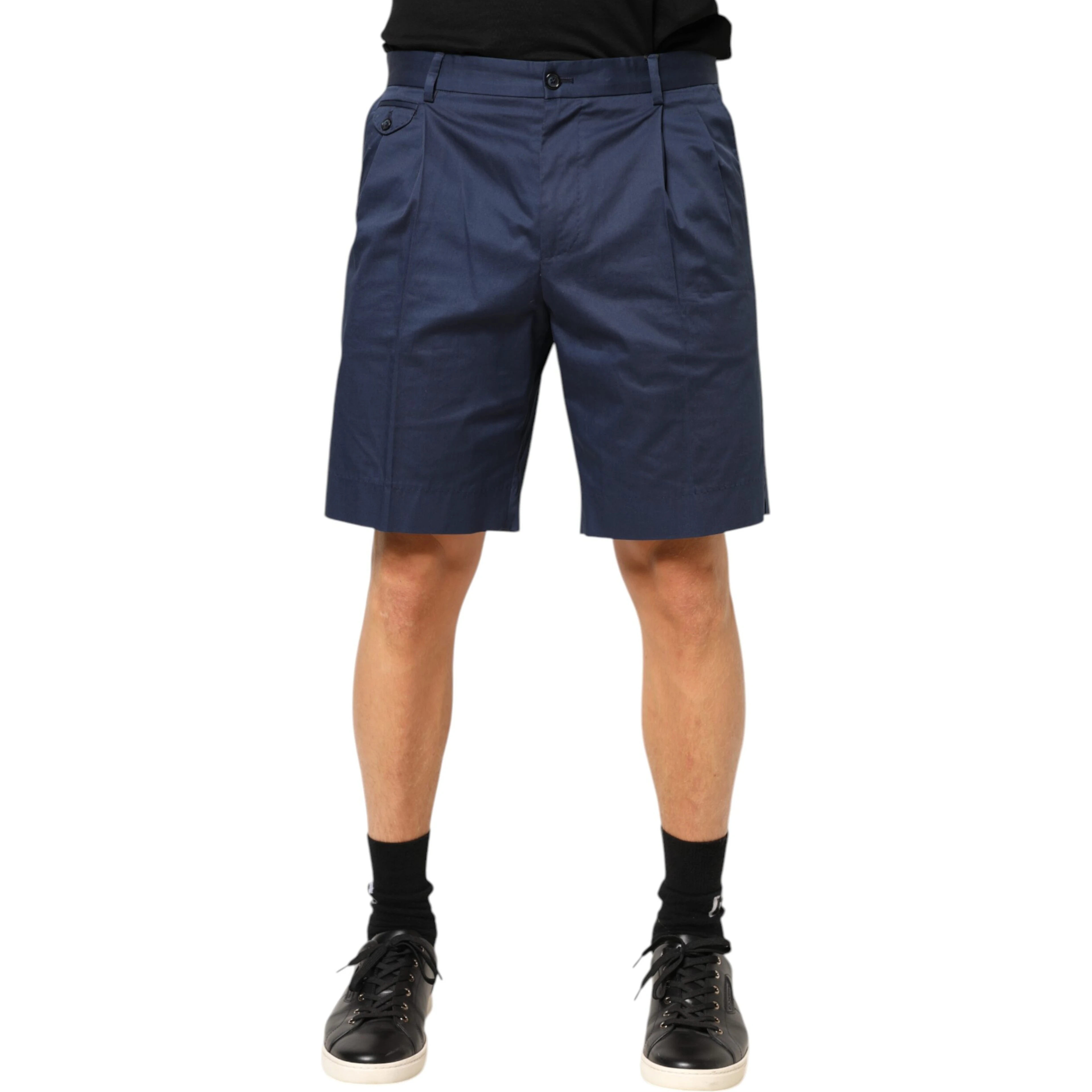 Blue Cotton Stretch Mid Waist Bermuda Shorts