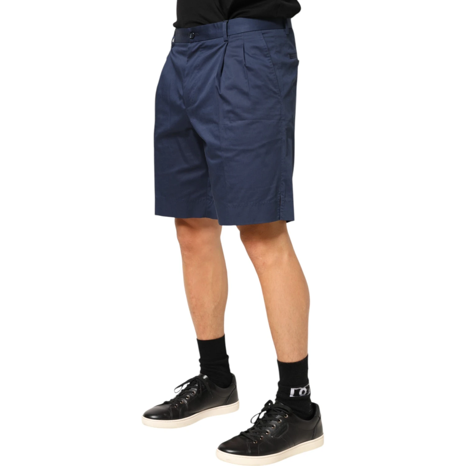 Blue Cotton Stretch Mid Waist Bermuda Shorts