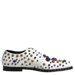 White Leather Crystals Embellished Dress Shoes