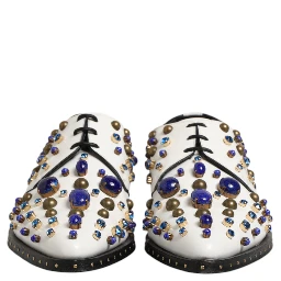 White Leather Crystals Embellished Dress Shoes