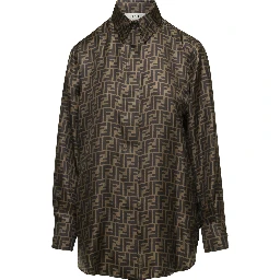 Brown Shirt with Pointed Collar and All-Over FF Print in Silk Woman