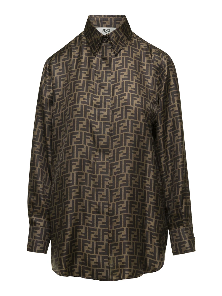 Brown Shirt with Pointed Collar and All-Over FF Print in Silk Woman