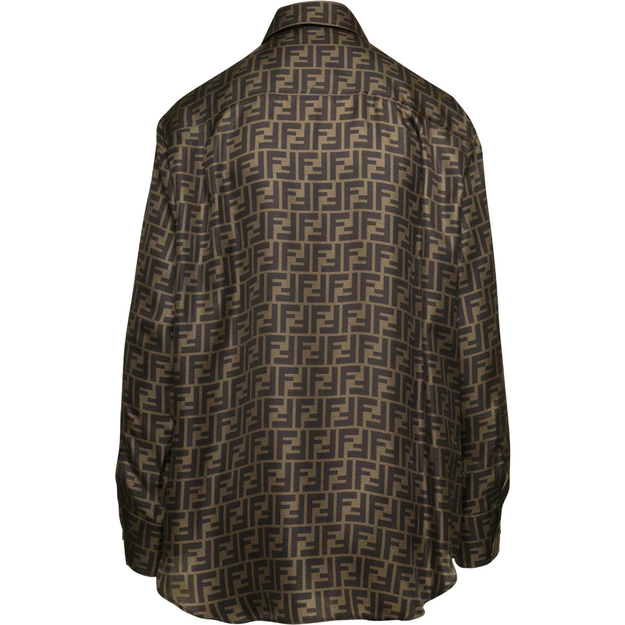Brown Shirt with Pointed Collar and All-Over FF Print in Silk Woman