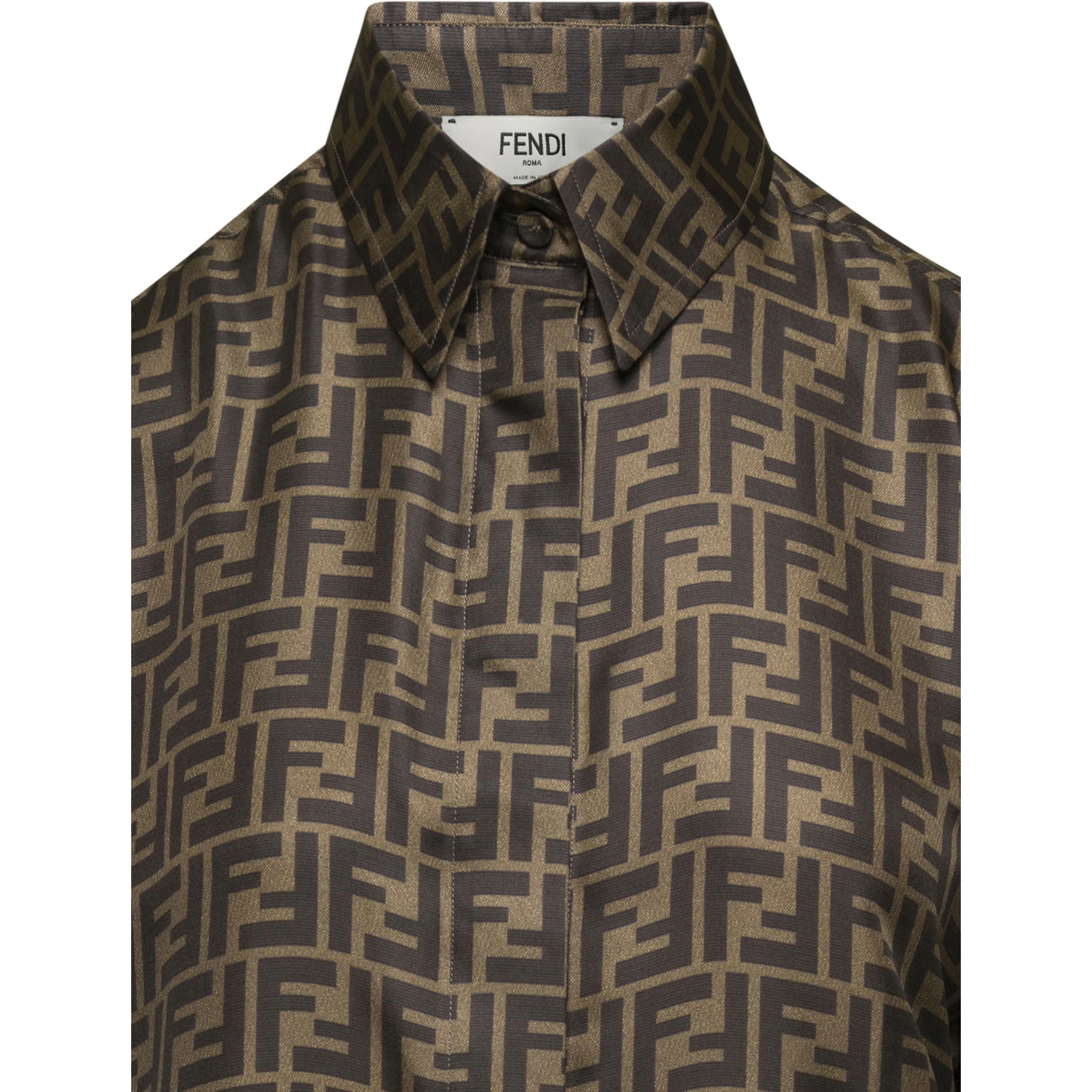 Brown Shirt with Pointed Collar and All-Over FF Print in Silk Woman