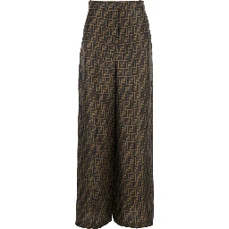 Brown Pants with Wide Leg and All-Over FF Motif in Silk Woman