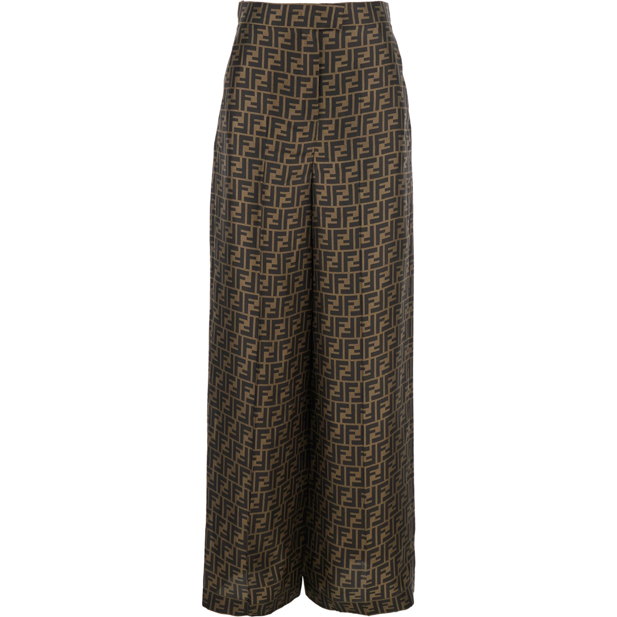 Brown Pants with Wide Leg and All-Over FF Motif in Silk Woman
