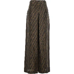 Brown Pants with Wide Leg and All-Over FF Motif in Silk Woman