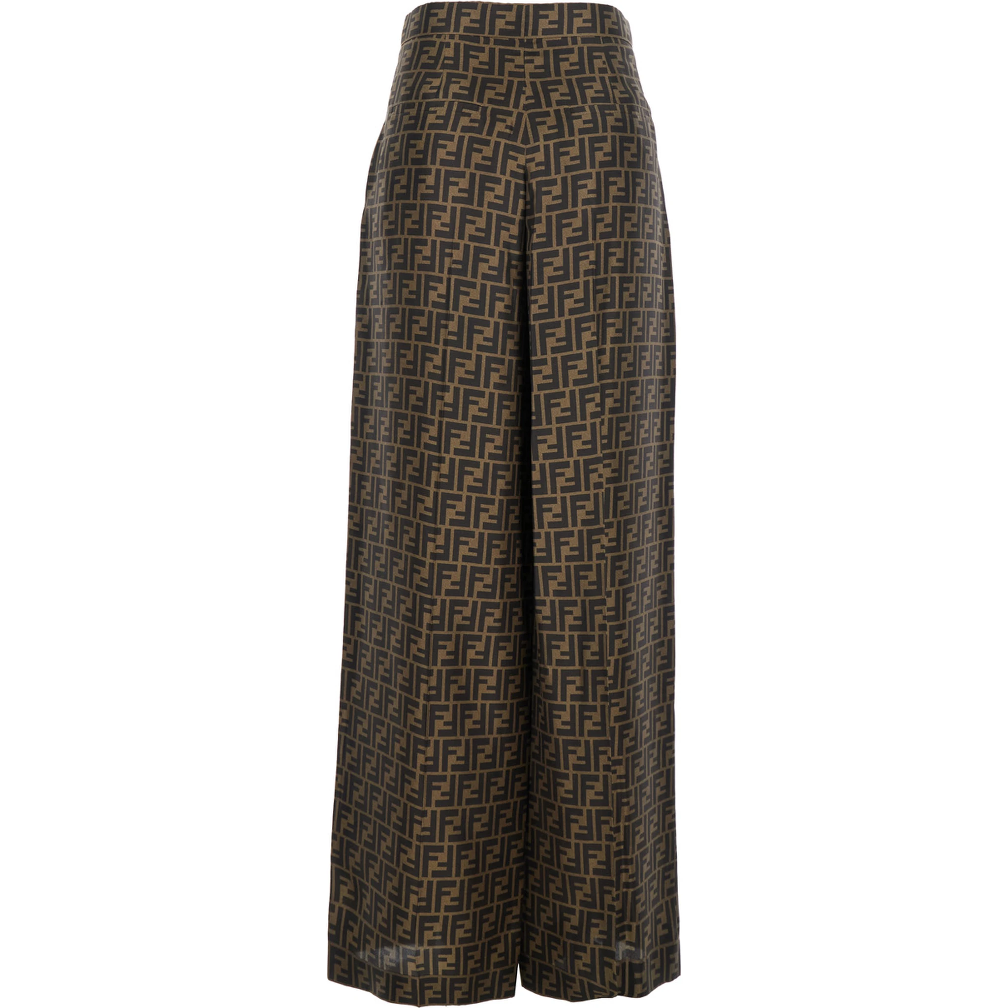 Brown Pants with Wide Leg and All-Over FF Motif in Silk Woman