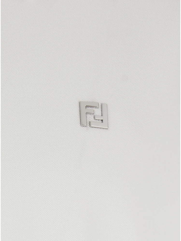 White Polo Shirt with Classic Collar and Metallic FF Plaque on the Front in Cotton Woman alternative