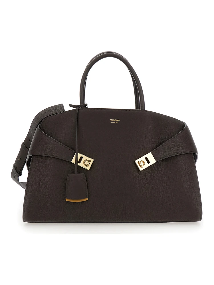 Hug Bicolor Brown Handbag with Logo and Gancini Buckle in Leather Woman