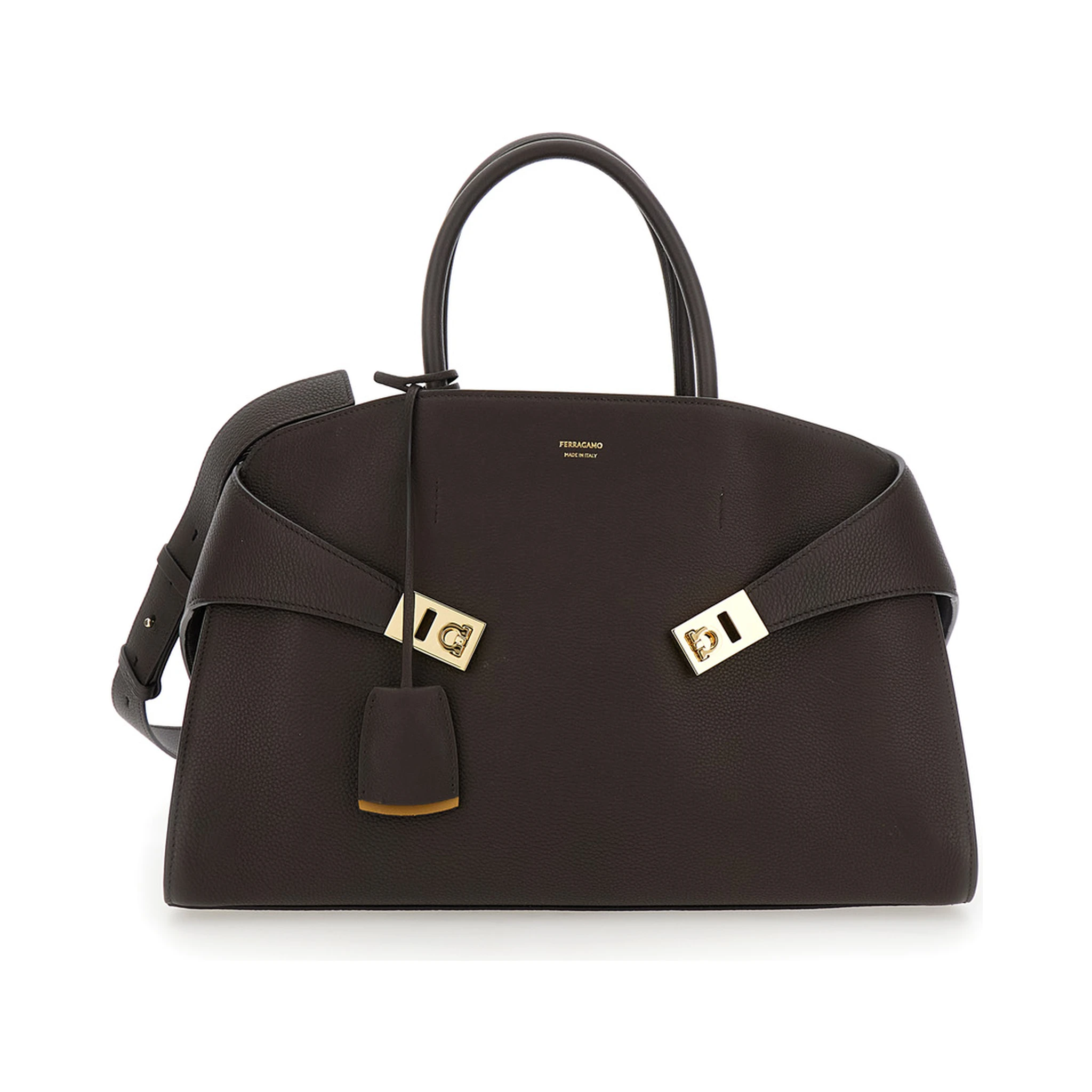 Hug Bicolor Brown Handbag with Logo and Gancini Buckle in Leather Woman