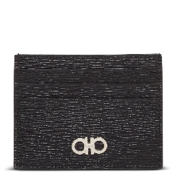 Salvatore Ferragamo Mans Revival Black  Leather Card Holder with Gancini Buckle