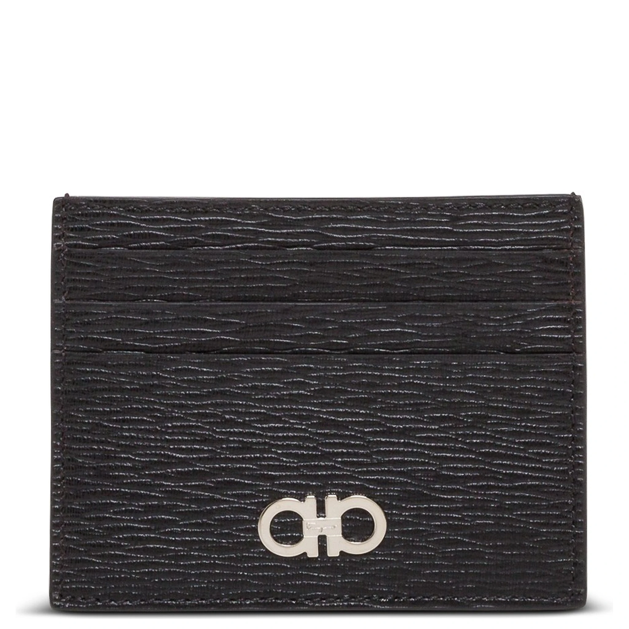 Salvatore Ferragamo Mans Revival Black  Leather Card Holder with Gancini Buckle