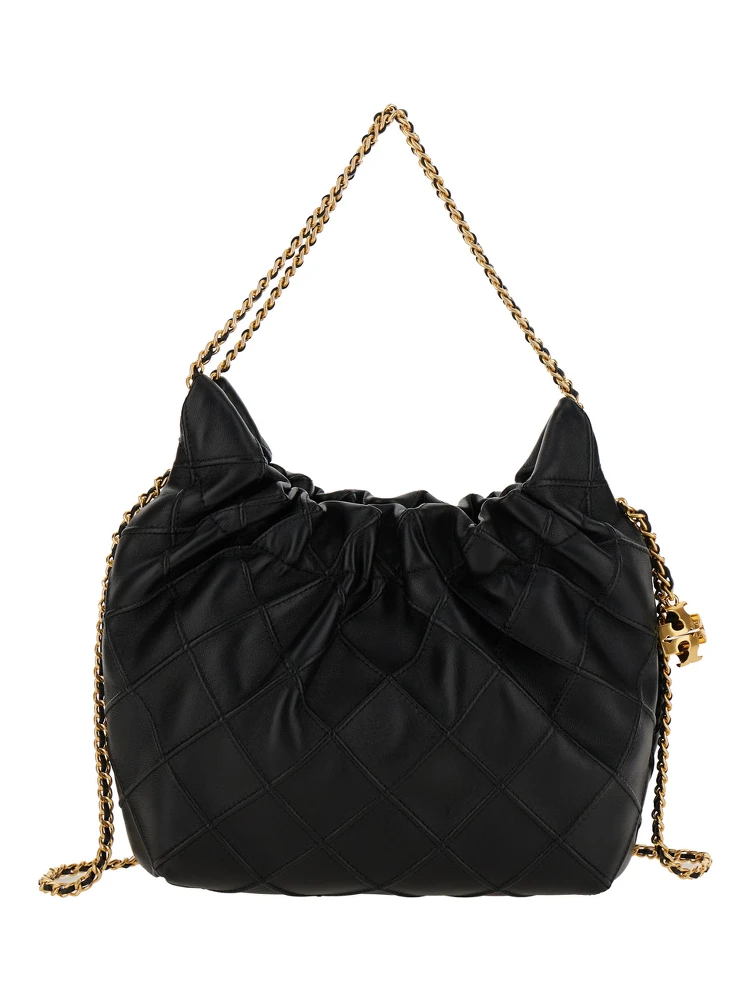 Fleming Black Shoulder Bag with Chain-Link Shoulder Strap and Double T Motif in Grained Leather Woman