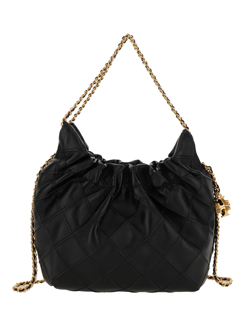 Fleming Black Shoulder Bag with Chain-Link Shoulder Strap and Double T Motif in Grained Leather Woman
