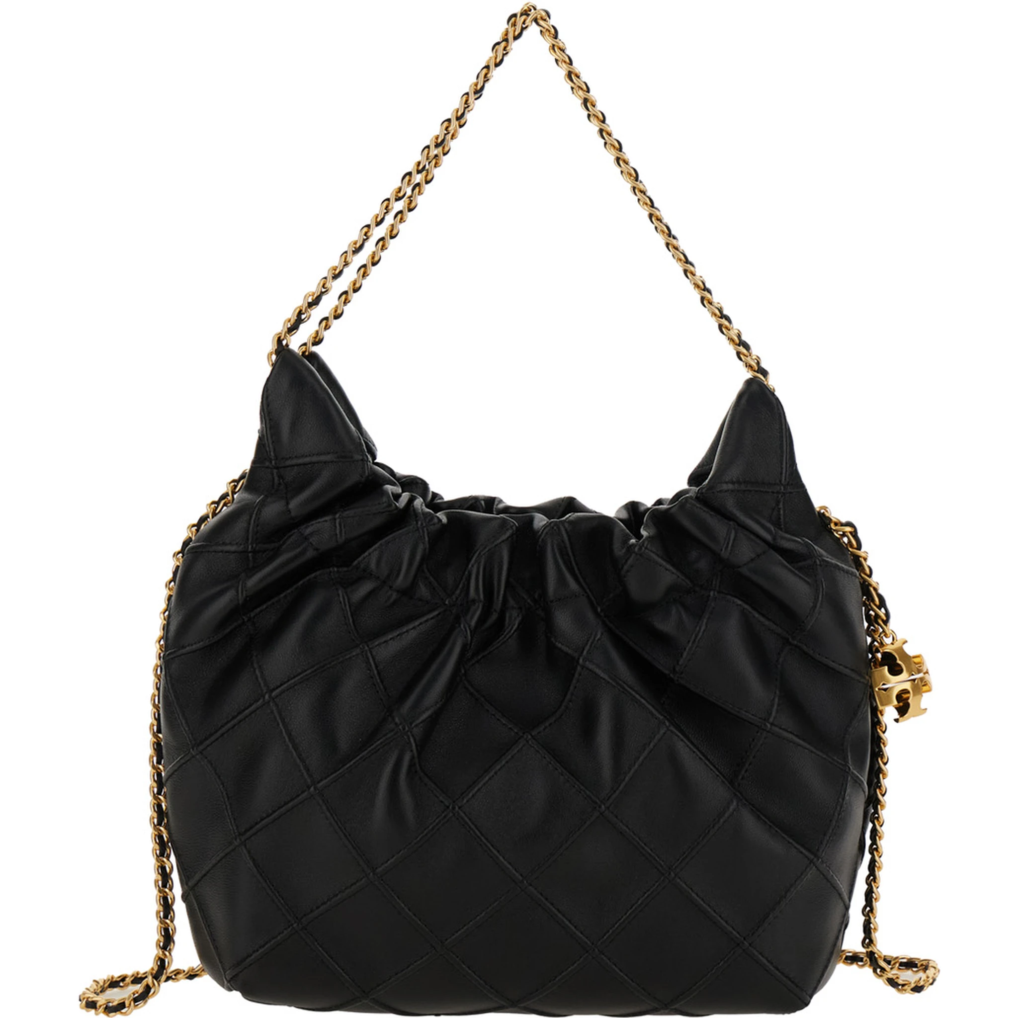 Fleming Black Shoulder Bag with Chain-Link Shoulder Strap and Double T Motif in Grained Leather Woman