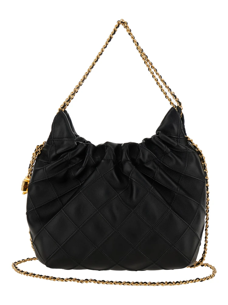 Fleming Black Shoulder Bag with Chain-Link Shoulder Strap and Double T Motif in Grained Leather Woman alternative