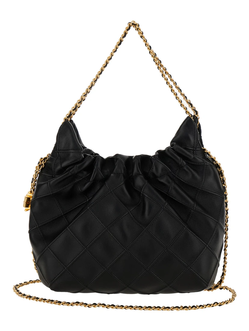 Fleming Black Shoulder Bag with Chain-Link Shoulder Strap and Double T Motif in Grained Leather Woman