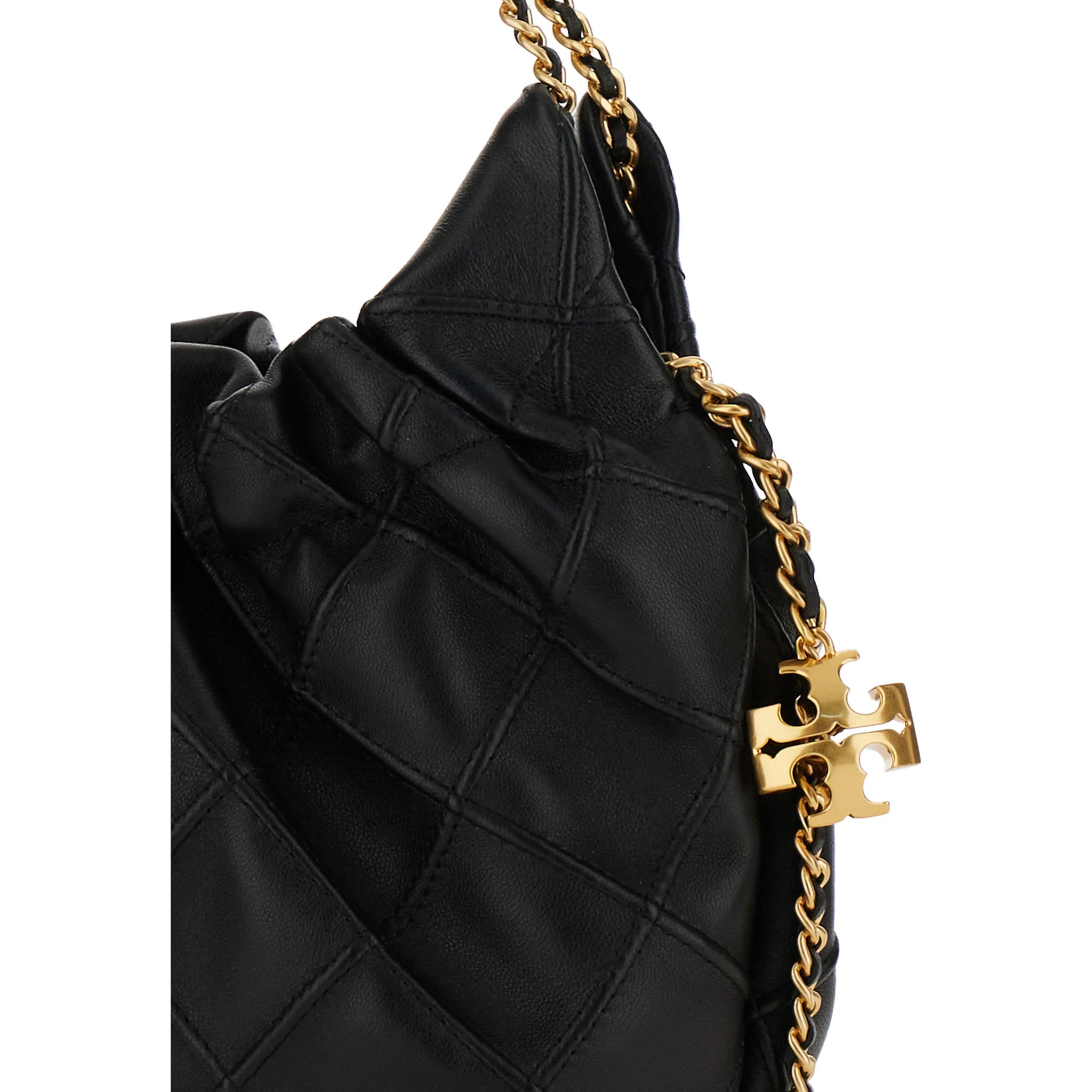 Fleming Black Shoulder Bag with Chain-Link Shoulder Strap and Double T Motif in Grained Leather Woman