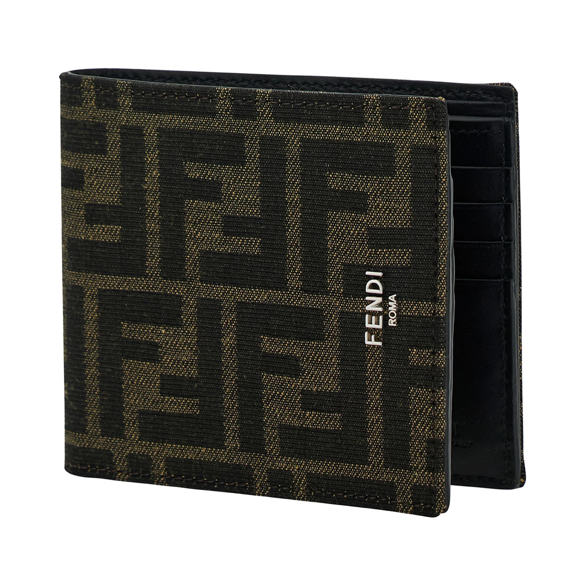 Brown and Tobacco Bi-Fold Wallet with Fendi Roma Lettering in Leather Man