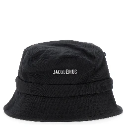 Le Bob Gadjo Black Bucket Hat with Logo Lettering on the Front and Self-Tie Closure on the Rear in Cotton Man