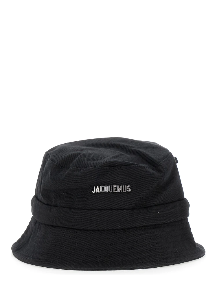 Le Bob Gadjo Black Bucket Hat with Logo Lettering on the Front and Self-Tie Closure on the Rear in Cotton Man