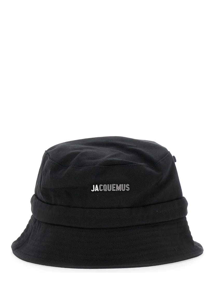 Le Bob Gadjo Black Bucket Hat with Logo Lettering on the Front and Self-Tie Closure on the Rear in Cotton Man