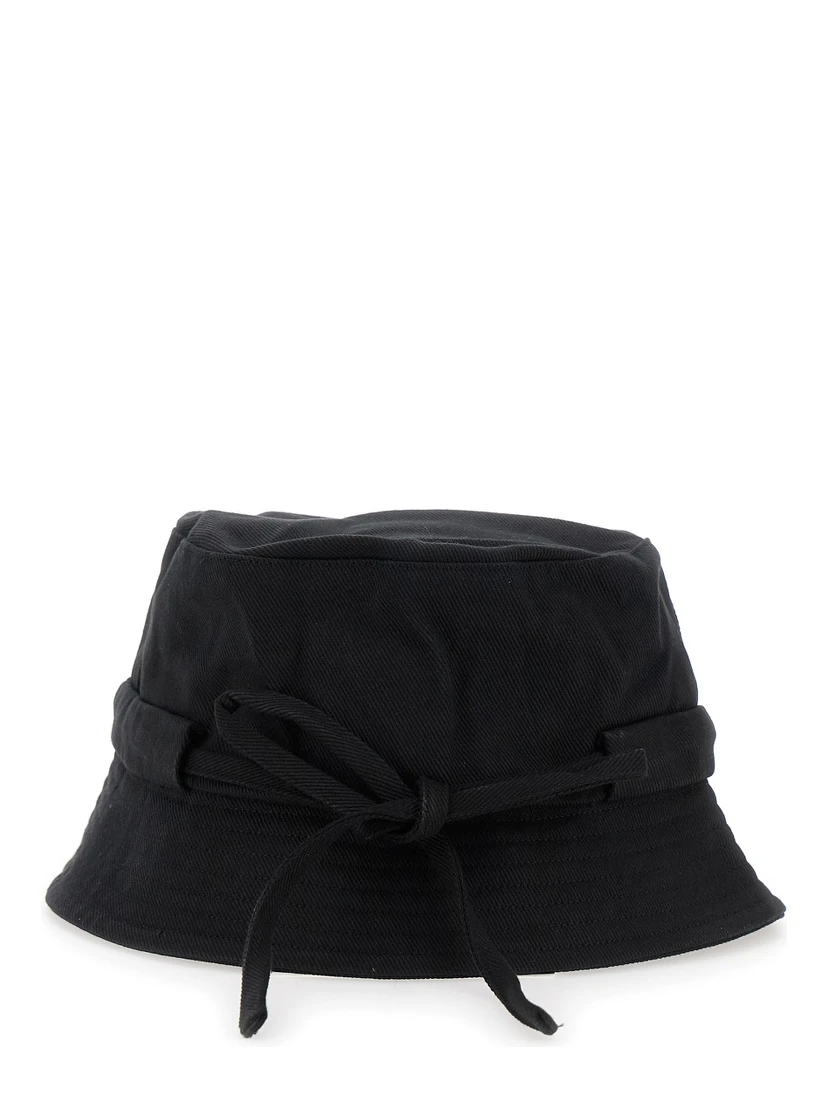 Le Bob Gadjo Black Bucket Hat with Logo Lettering on the Front and Self-Tie Closure on the Rear in Cotton Man