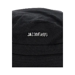 Le Bob Gadjo Black Bucket Hat with Logo Lettering on the Front and Self-Tie Closure on the Rear in Cotton Man